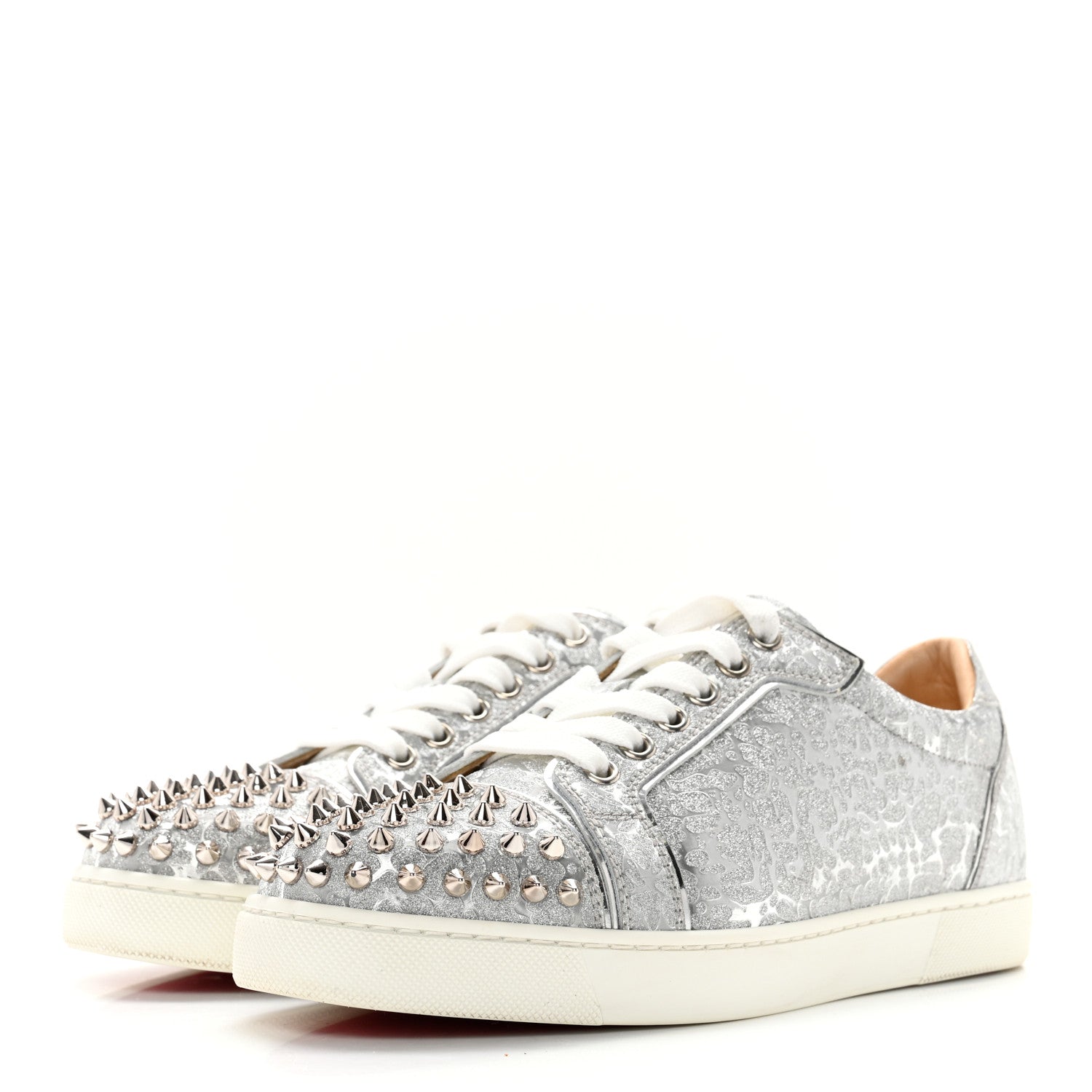 Christian Louboutin Glitter Metallic Calfskin Spikes Vieira 2 Flat Sneakers 37.5 Silver 3 of 13