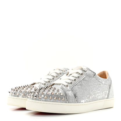 Christian Louboutin Glitter Metallic Calfskin Spikes Vieira 2 Flat Sneakers 37.5 Silver 3 of 13