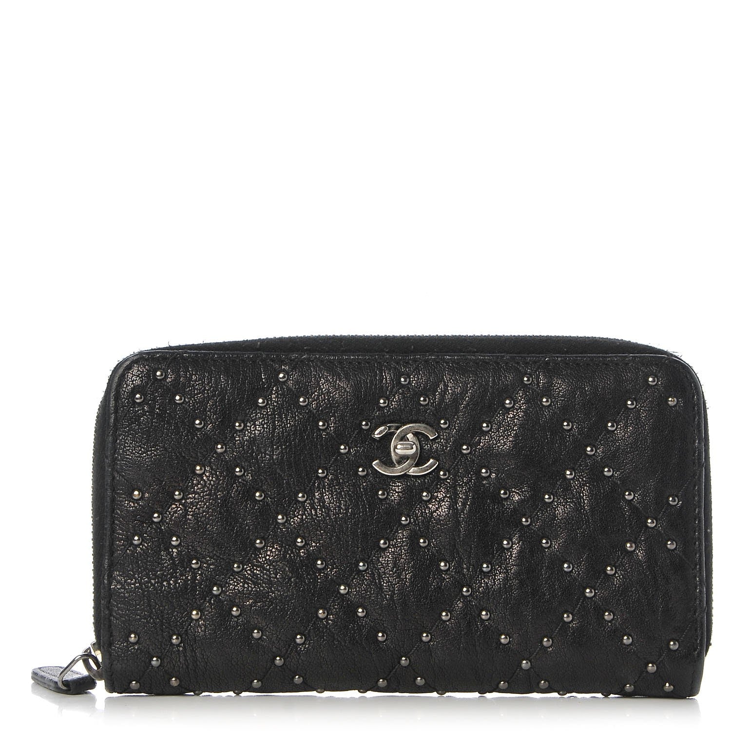 Chanel Crumpled Lambskin Studded Paris Dallas Zip Around Wallet Black 1 of 8