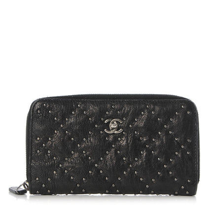 Chanel Crumpled Lambskin Studded Paris Dallas Zip Around Wallet Black 1 of 8