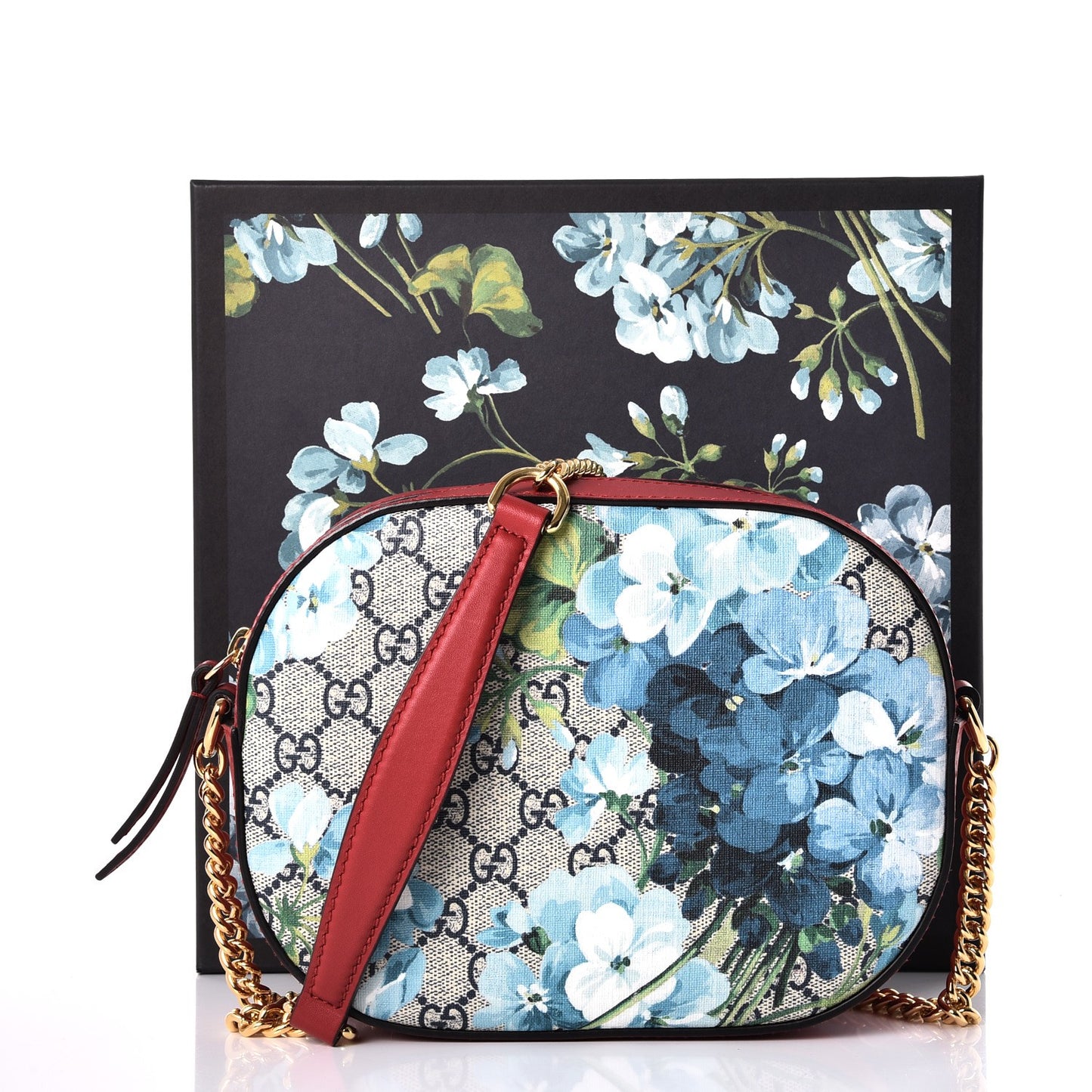GG Supreme Monogram Blooms Mini Chain Shoulder Bag Beige Blue Navy Hibiscus Red