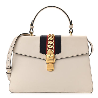 Gucci Calfskin Web Medium Sylvie Top Handle Bag White 1 of 17