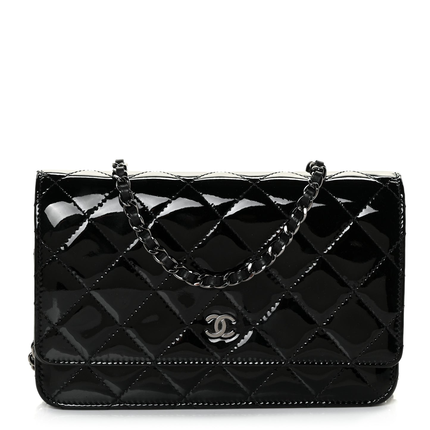 Patent Quilted Wallet On Chain WOC Black