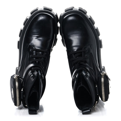 Prada Spazzolato Rois Nylon Metal Triangle Logo Monolith Pouch Pocket 55mm Boots 37.5 Black 2 of 9
