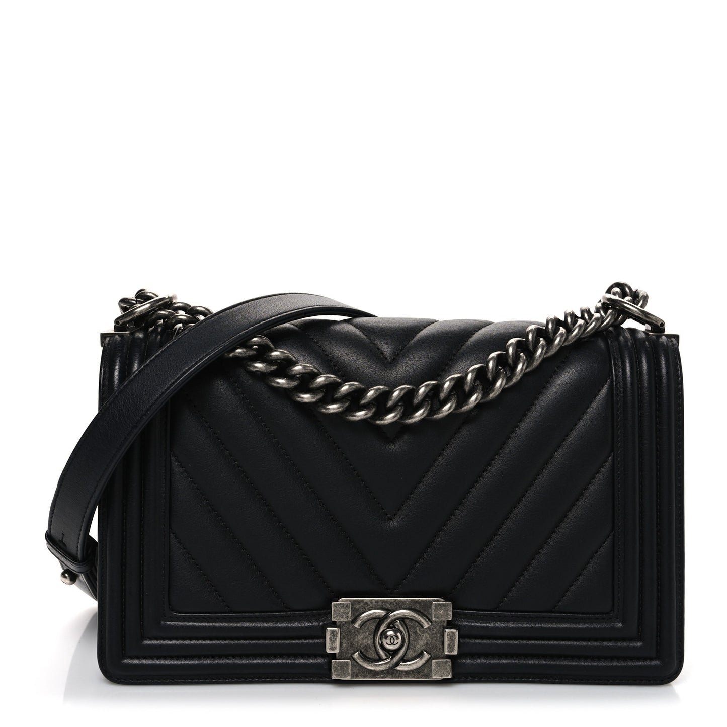 Calfskin Chevron Quilted Medium Boy Flap Black