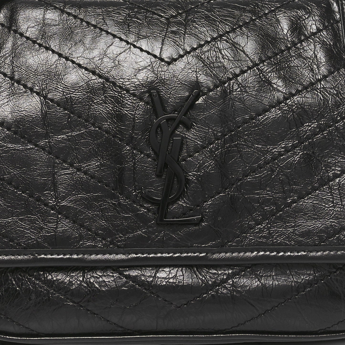 Crinkled Calfskin Matelasse Monogram Medium Niki Chain Satchel Black
