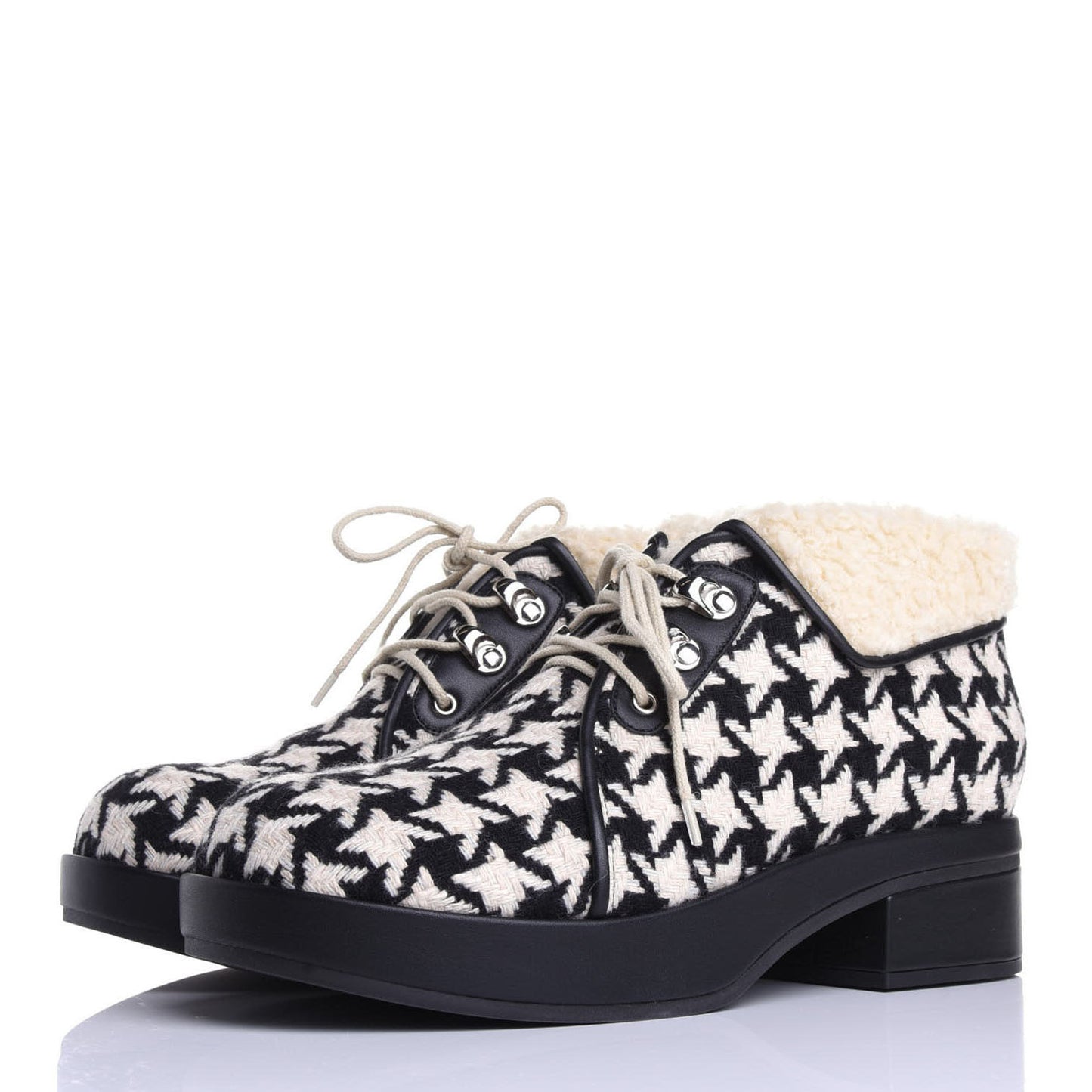 Optical Tweed Faux Shearling Houndstooth Victor Lace Up Ankle Boots 38.5 White Black