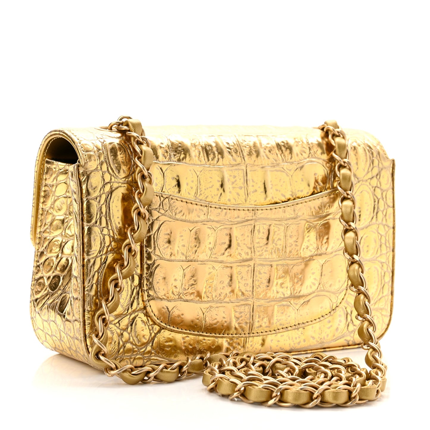Metallic Calfskin Crocodile Embossed Cocodile Rectangular Mini Flap Gold