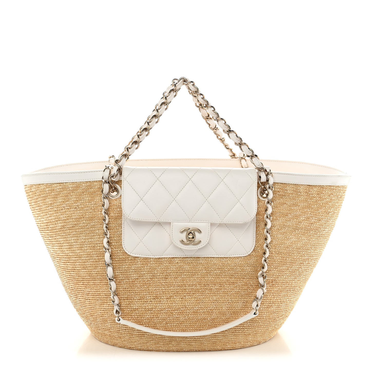 Raffia Braided Lambskin Large Wicker Tote Beige White