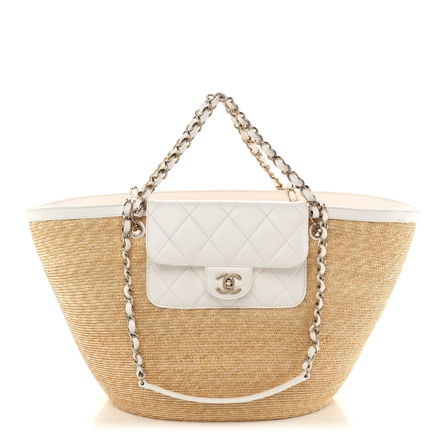 Chanel Raffia Braided Lambskin Large Wicker Tote Beige White 1 of 11