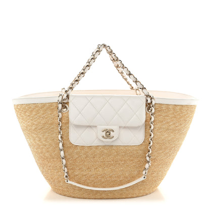 Chanel Raffia Braided Lambskin Large Wicker Tote Beige White 1 of 11