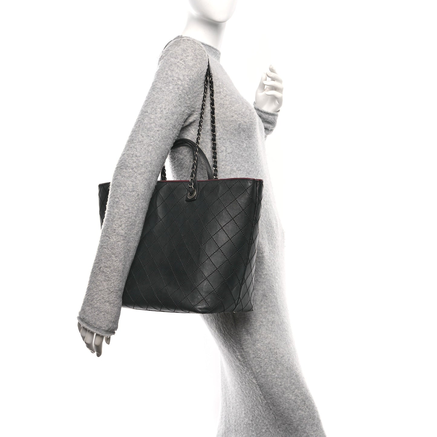 Calfskin Stitched Large Shopping Tote Black