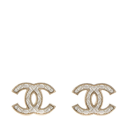 Chanel Metal Quilted CC Earrings Gold White 1 of 5