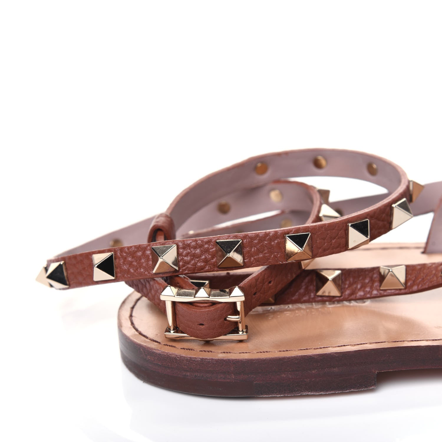 Valentino Garavani Pebbled Calfskin Rockstud Ankle Wrap Flat Thong Sandals 39 Bright Cognac 10 of 13