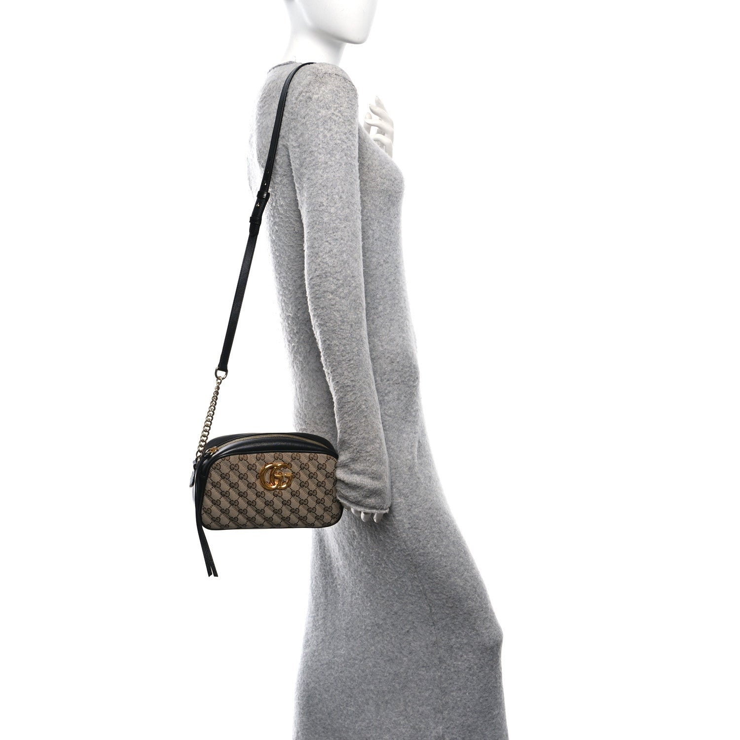 Gucci Monogram Matelasse Diagonal Small GG Marmont Chain Shoulder Bag Beige Black 2 of 10