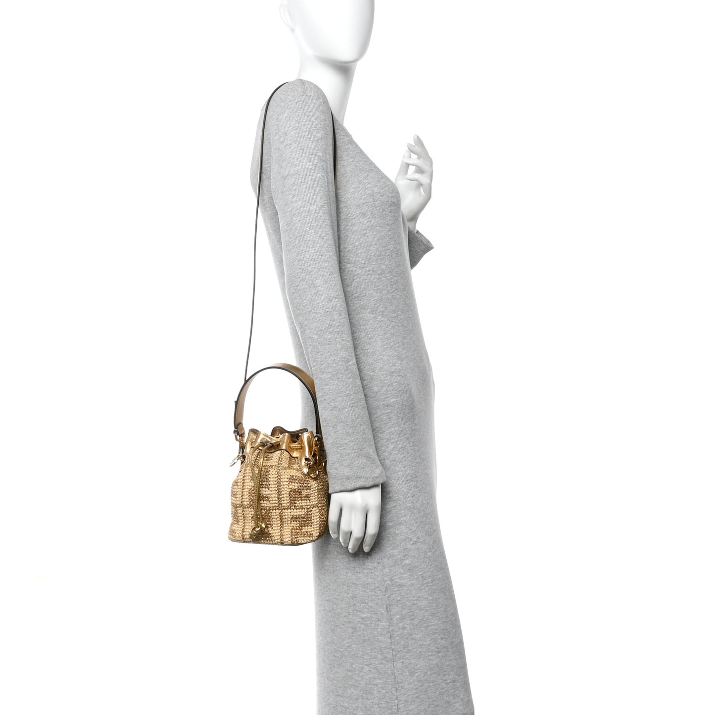 Raffia Lurex Vitello Laminato F is Fendi FF Crochet Mini Mon Tresor Bucket Bag Natural Oro