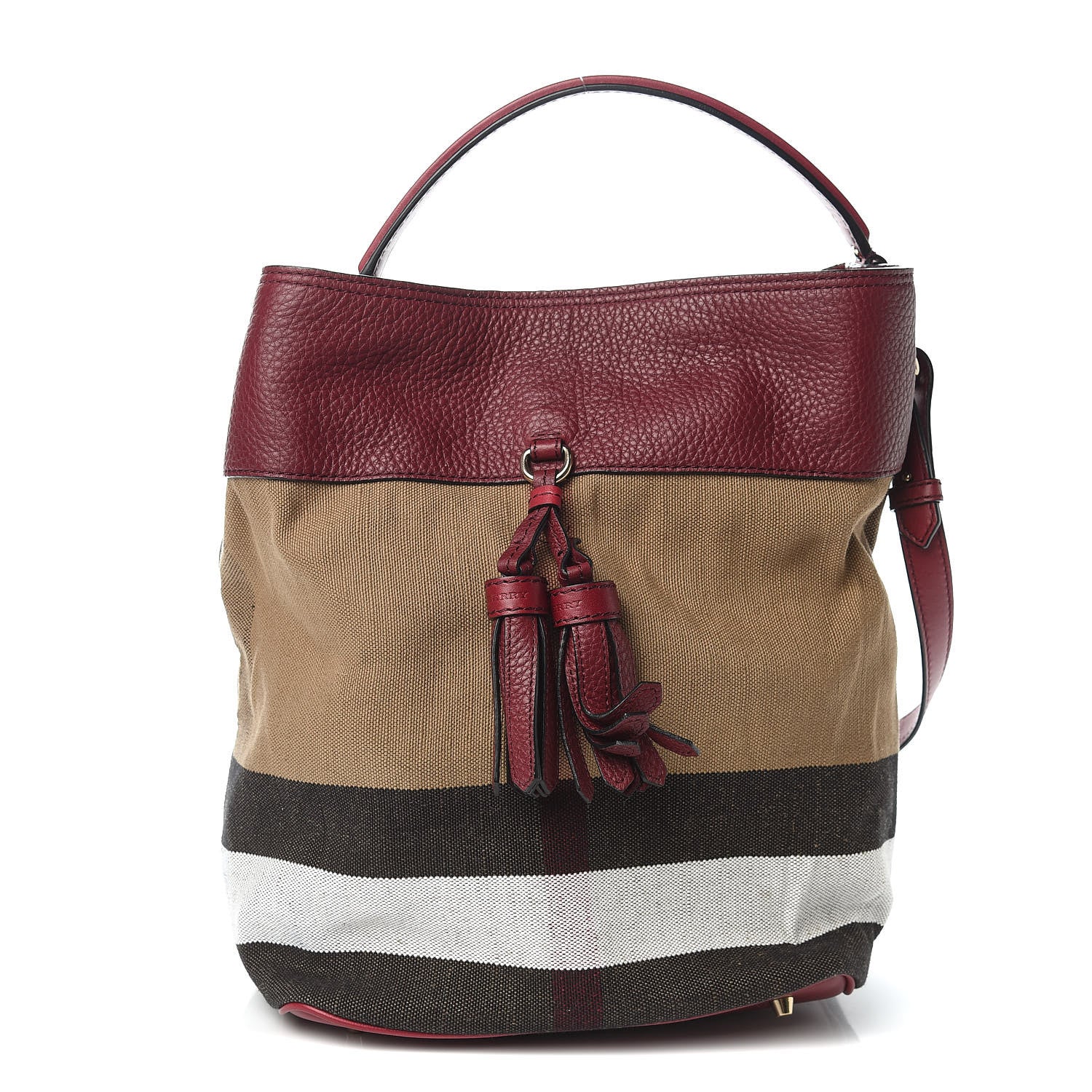 Burberry Grainy Calfskin Canvas Mega Check Medium Ashby Tassel Hobo Burgundy Red 1 of 10
