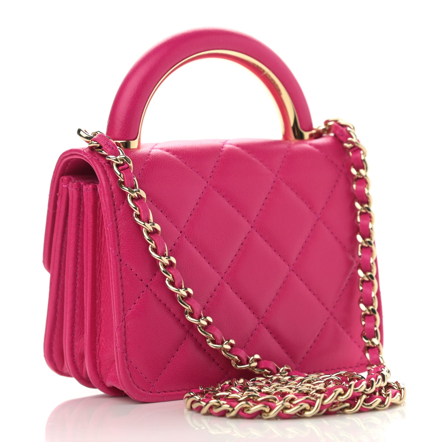 Chanel Lambskin Quilted Top Handle Flap Clutch With Chain Fuchsia 3 of 10