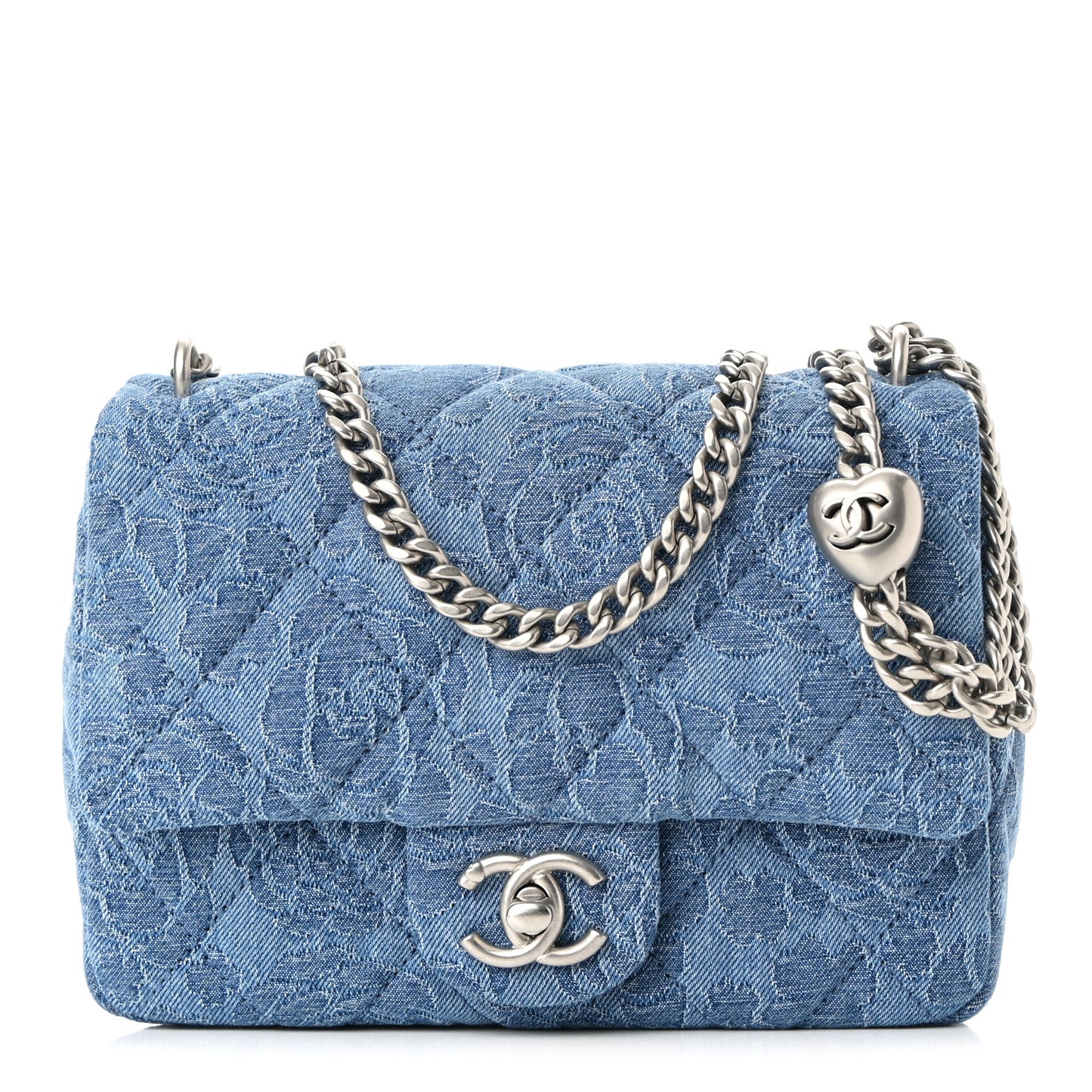 Denim Quilted Camellia Sweetheart Mini Flap Blue
