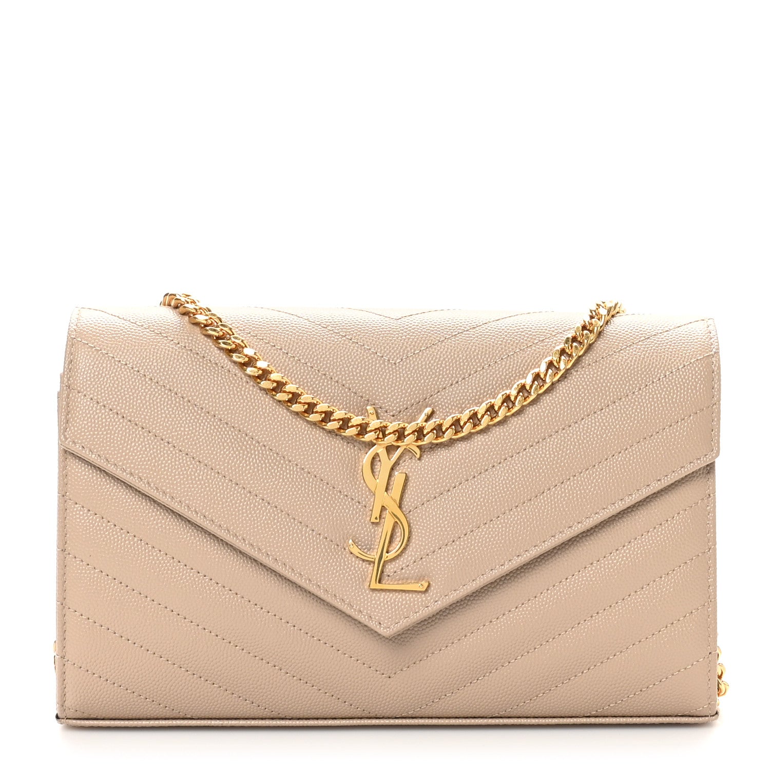 Saint Laurent Grain De Poudre Matelasse Chevron Monogram Chain Wallet Dark Beige 1 of 9
