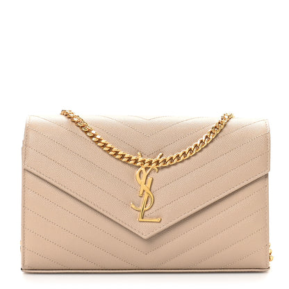 Saint Laurent Grain De Poudre Matelasse Chevron Monogram Chain Wallet Dark Beige 1 of 9