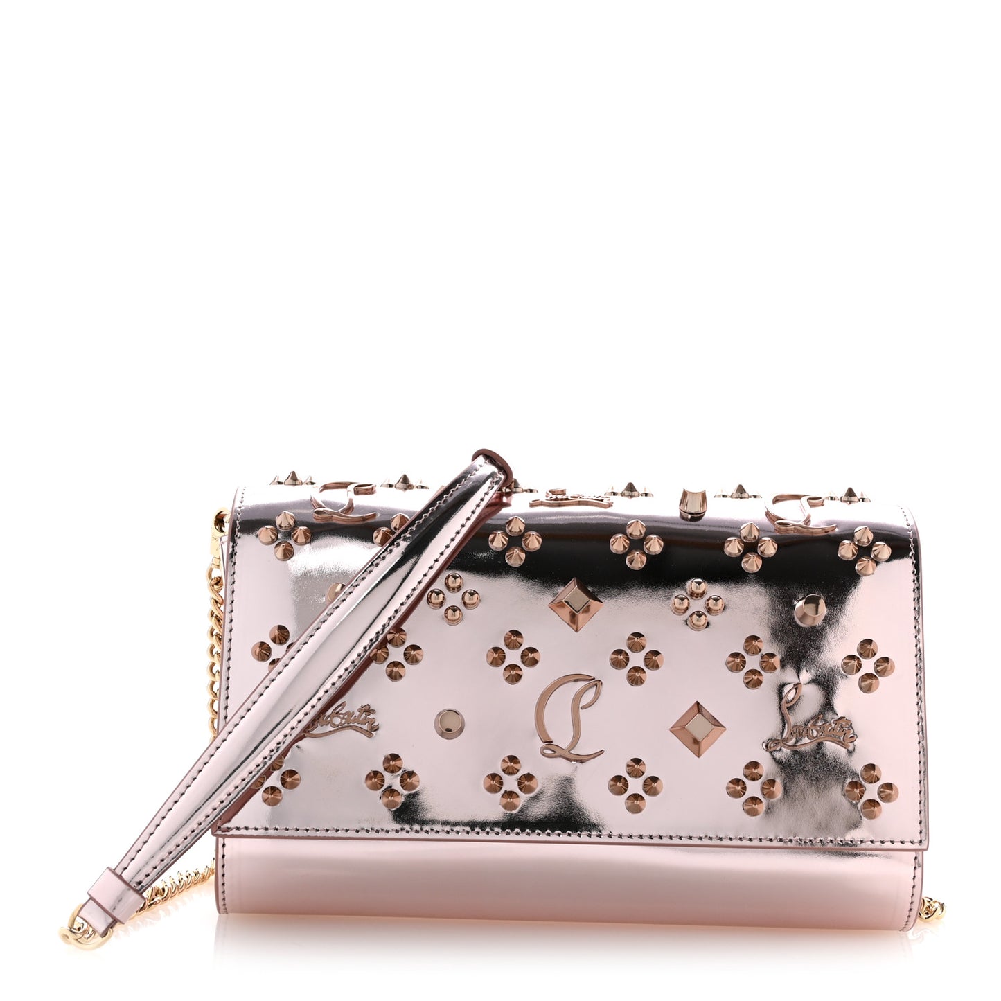 Metallic Patent Calfskin Spikes Loubinthesky Paloma Clutch Vintage Rose
