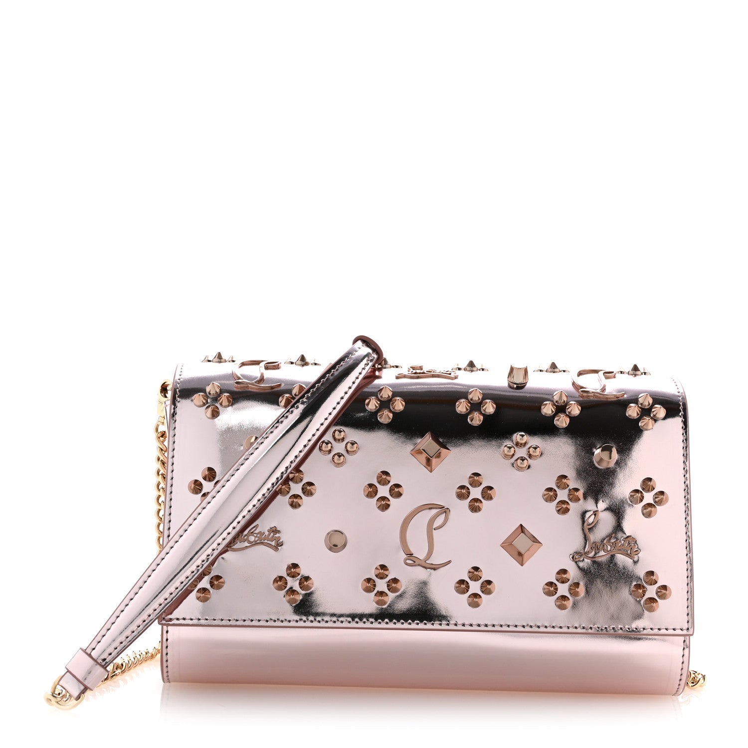 Christian Louboutin Metallic Patent Calfskin Spikes Loubinthesky Paloma Clutch Vintage Rose 1 of 12