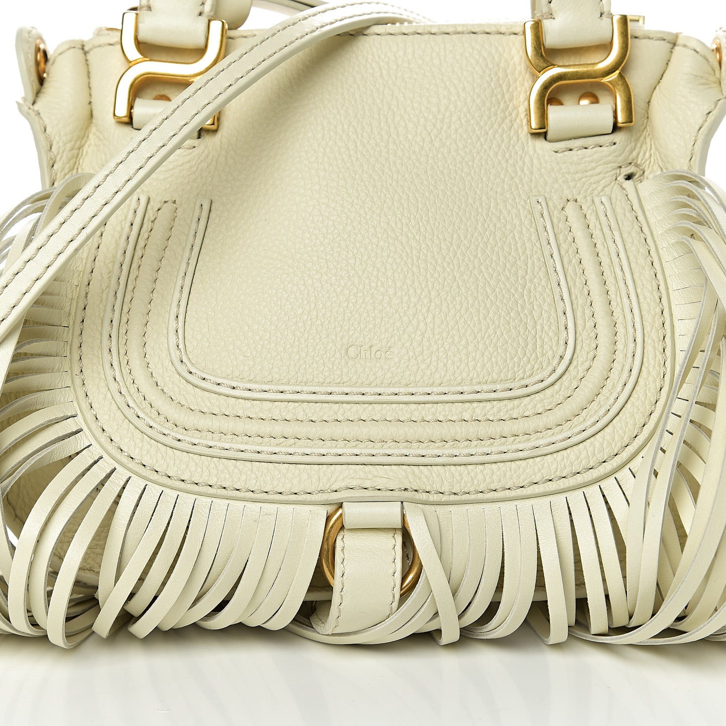 Shiny Small Grain Calfskin Mini Marcie Multi Fringe Satchel Natural White