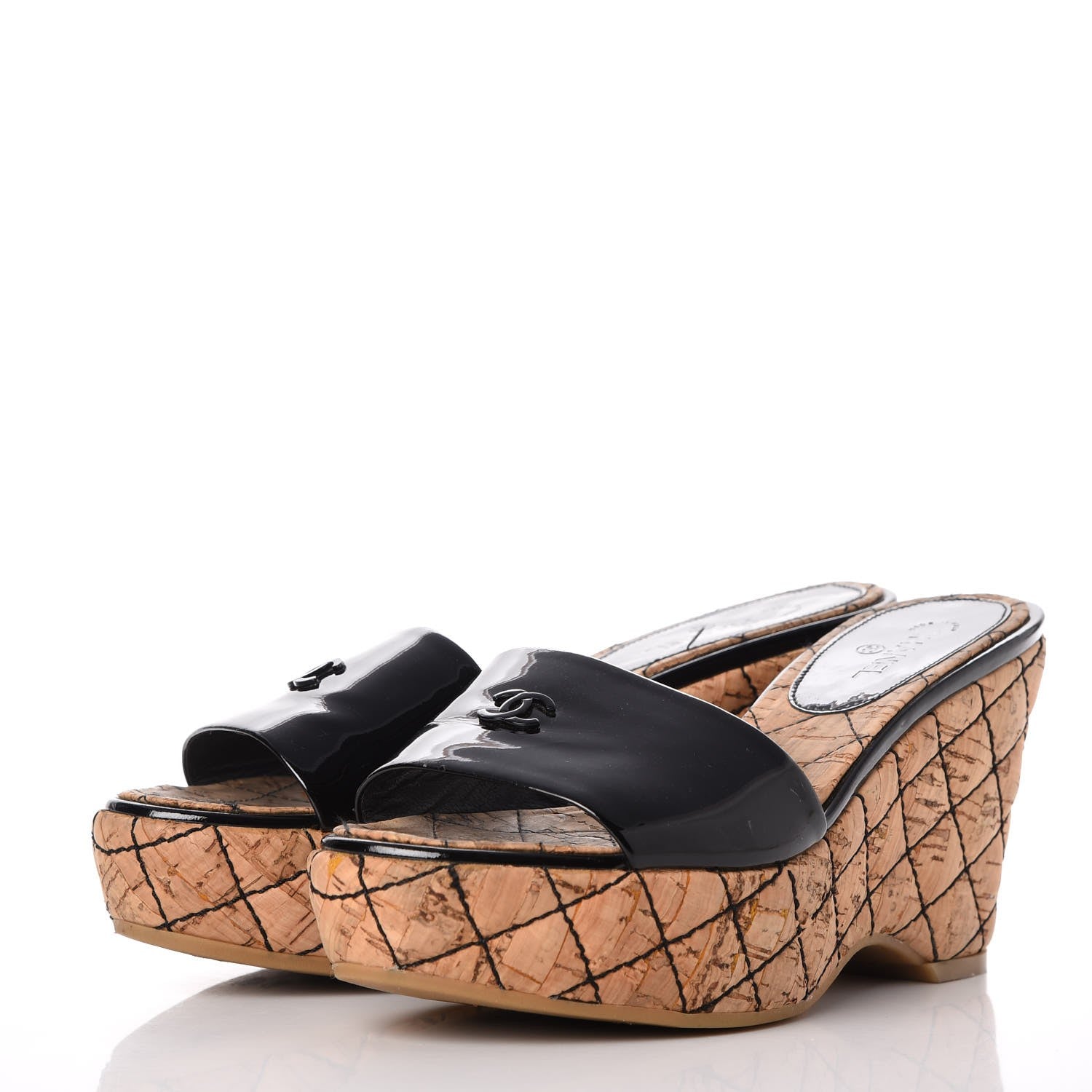 Chanel Patent Cork Quilted CC Wedge Mule Sandals 38 Black 3 of 21