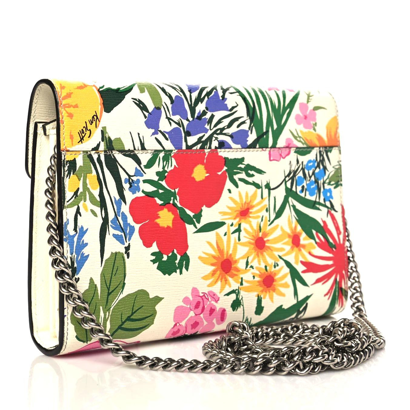 X KEN SCOTT New Shangai Calfskin Jardin D'Avril Floral Print Mini Dionysus Chain Wallet Ivory Pink