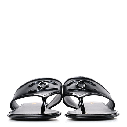 Chanel Lambskin Patent Calfskin CC Thong Sandals  37 Black 3 of 10