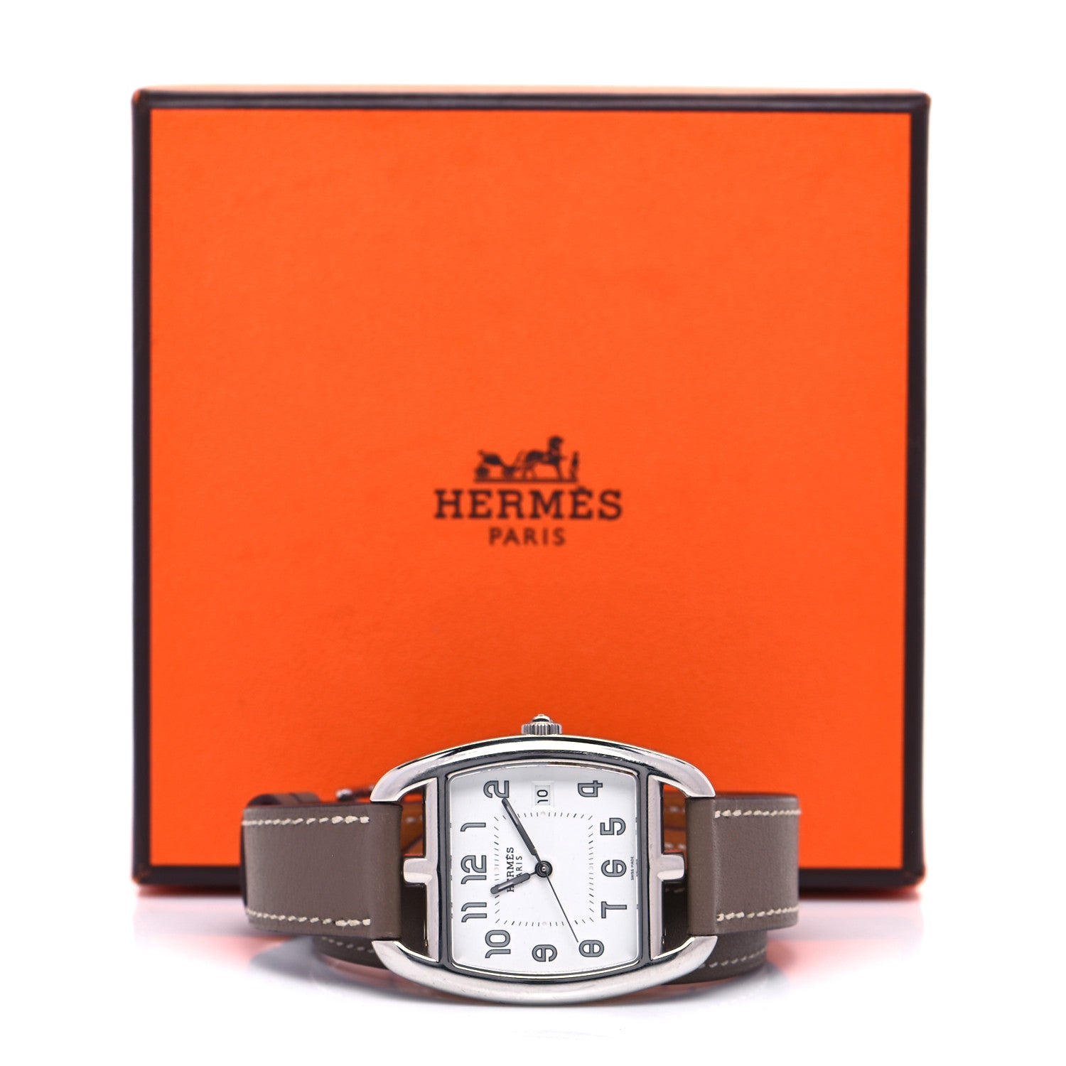Hermes Stainless Steel Swift 33mm Cape Cod Tonneau Double Tour Quartz Watch Etoupe 5 of 5