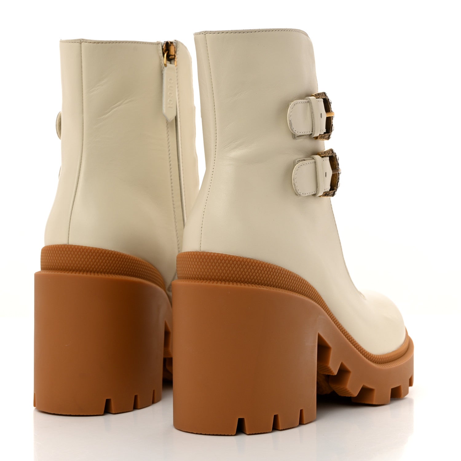 Gucci Kensington Calfskin Nappa GG Supreme Monogram Womens Double Buckle Ankle Boots 40 Mystic White Beige 4 of 10
