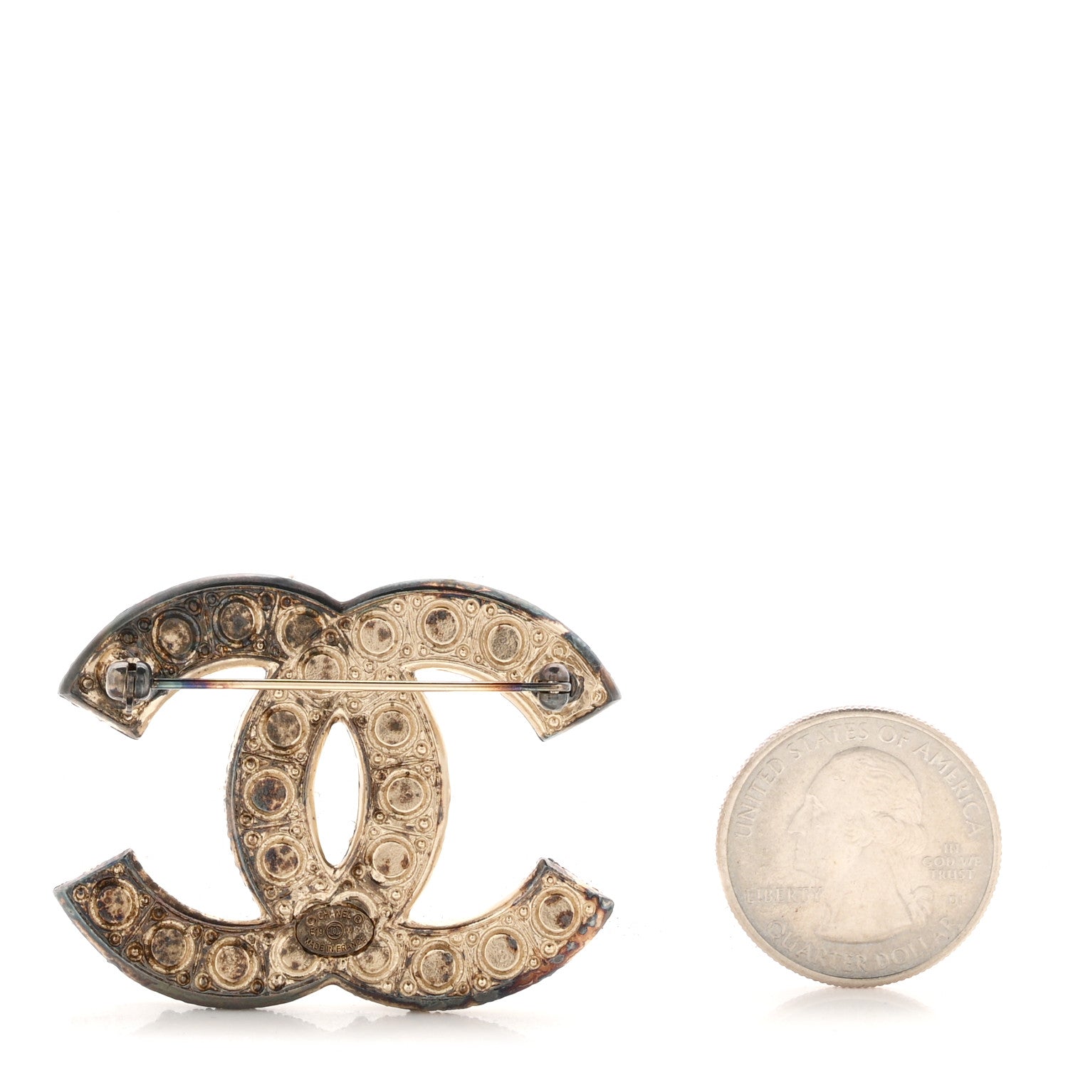 Chanel Metal Crystal Graduated Pearl CC Brooch Gold 2 of 3