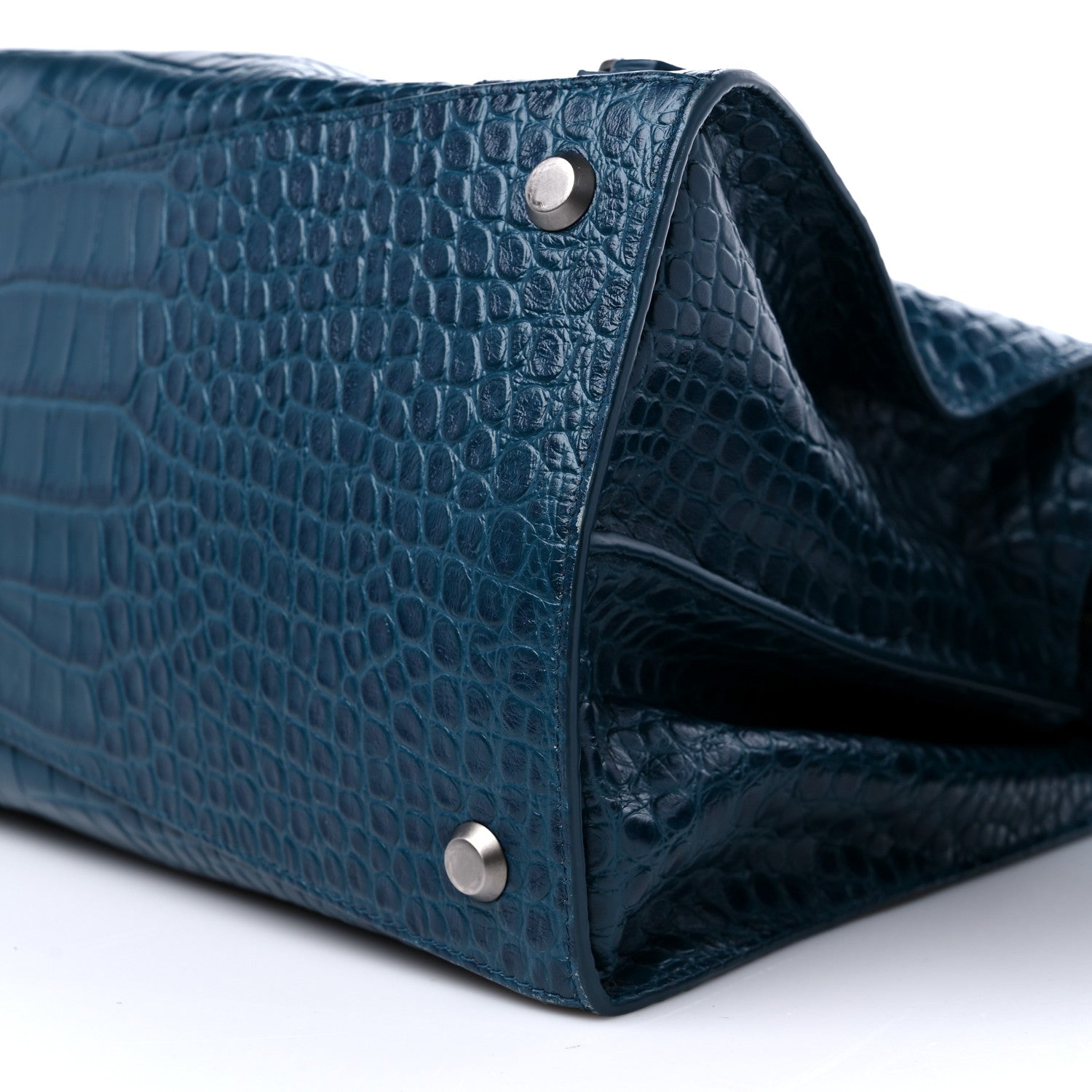 Balenciaga Calfskin Crocodile Embossed Neo Classic Silver Hardware Medium City Dark Petrol Blue 8 of 11