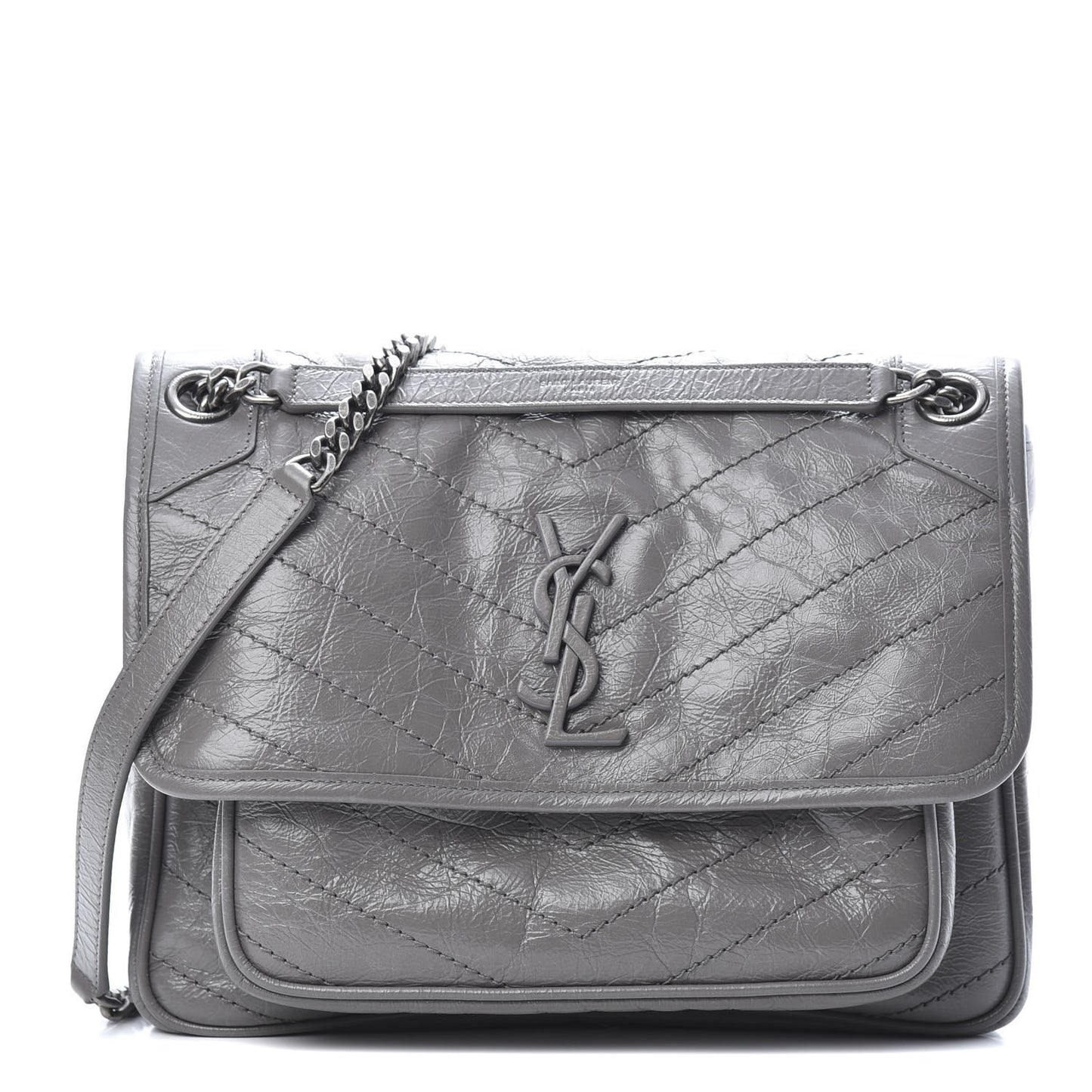 Crinkled Calfskin Matelasse Monogram Medium Niki Chain Satchel Light Gray