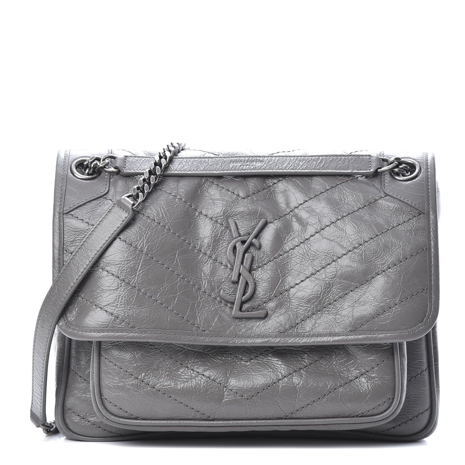 Saint Laurent Crinkled Calfskin Matelasse Monogram Medium Niki Chain Satchel Light Gray 1 of 12