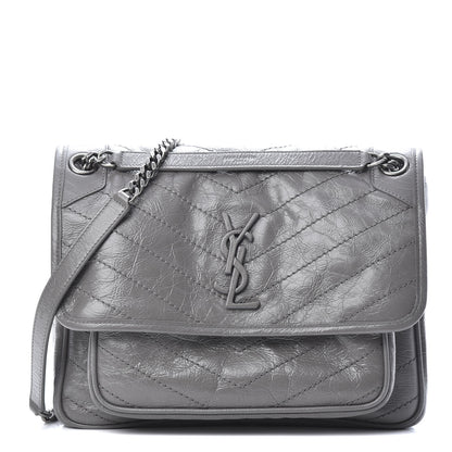 Saint Laurent Crinkled Calfskin Matelasse Monogram Medium Niki Chain Satchel Light Gray 1 of 12