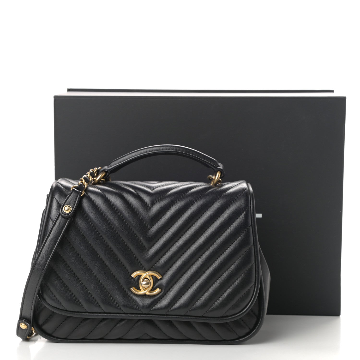 Chanel Lambskin Reverse Chevron Quilted Round Top Handle Flap Black 11 of 11