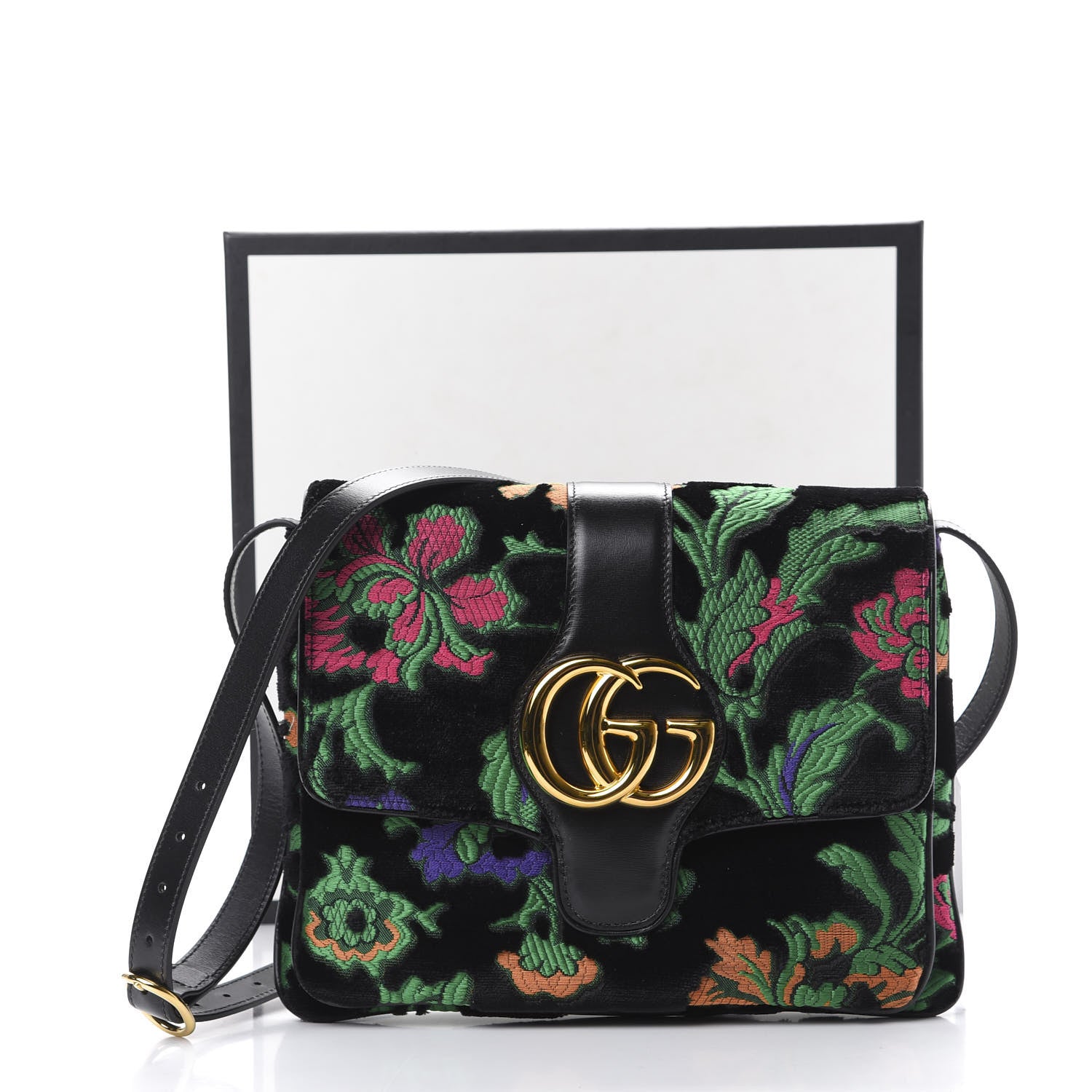 Gucci Velvet Jacquard Floral Embroidered Medium Arli Flap Shoulder Bag Black Green Multicolor 10 of 10