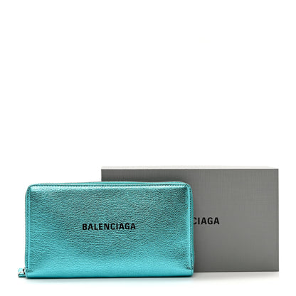 Balenciaga Metallic Goatskin Logo Everyday Continental Zip Around Wallet Turquoise Black 8 of 8