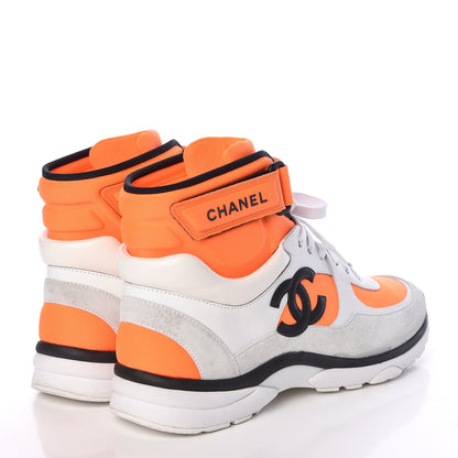 Chanel Suede Calfskin Lambskin Neoprene High Top CC Sneakers 37.5 White Fluo Orange 4 of 15