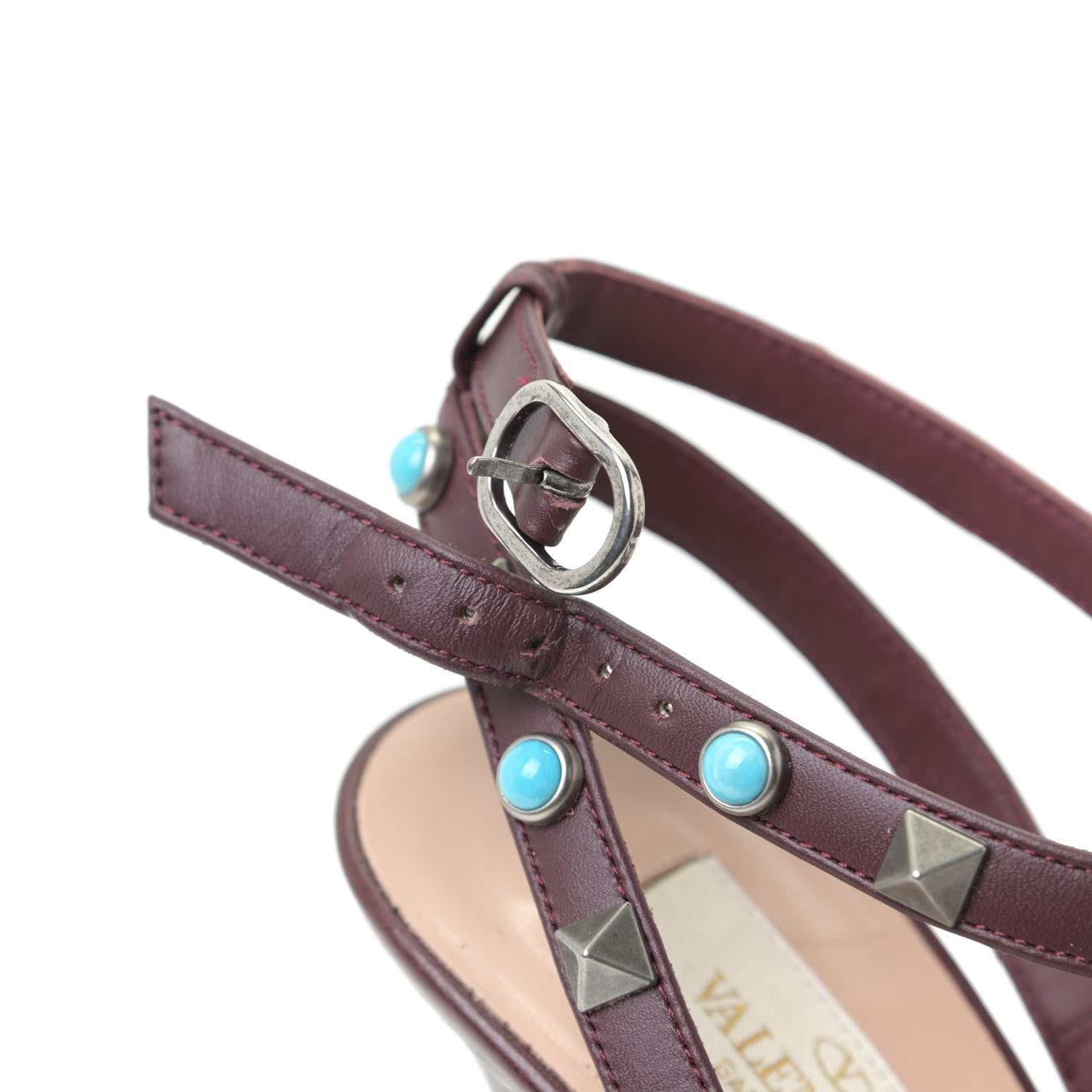 Valentino Garavani Pebbled Calfskin Turquoise Rockstud Rolling Ankle Strap 100mm Pumps 37.5 Rubin 12 of 12