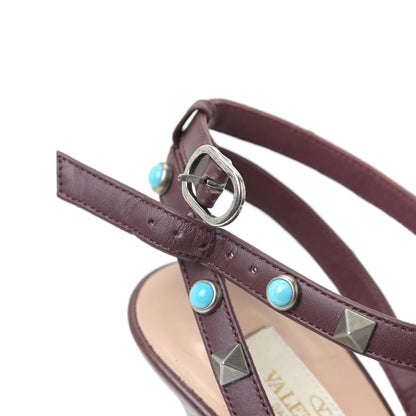 Valentino Garavani Pebbled Calfskin Turquoise Rockstud Rolling Ankle Strap 100mm Pumps 37.5 Rubin 12 of 12