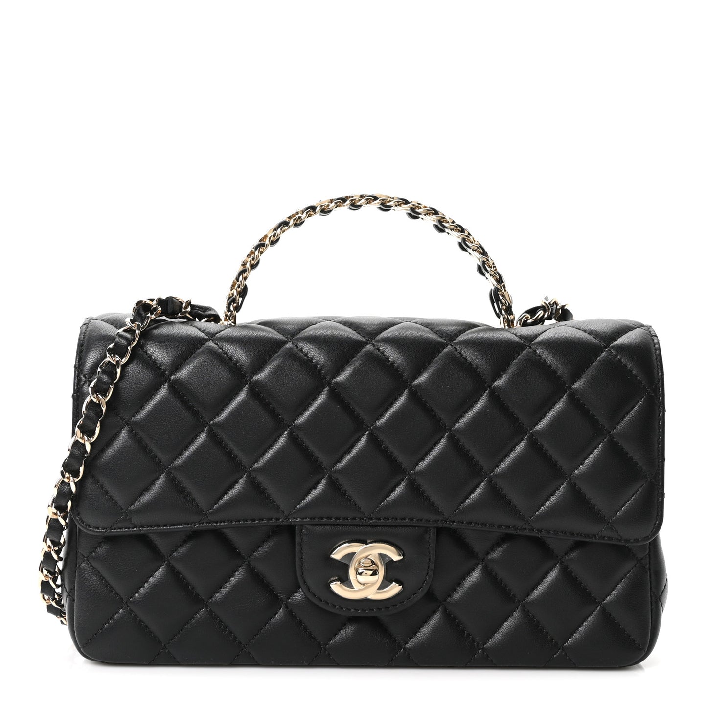 Lambskin Quilted Crystal Top Handle Small Rectangular Flap Black