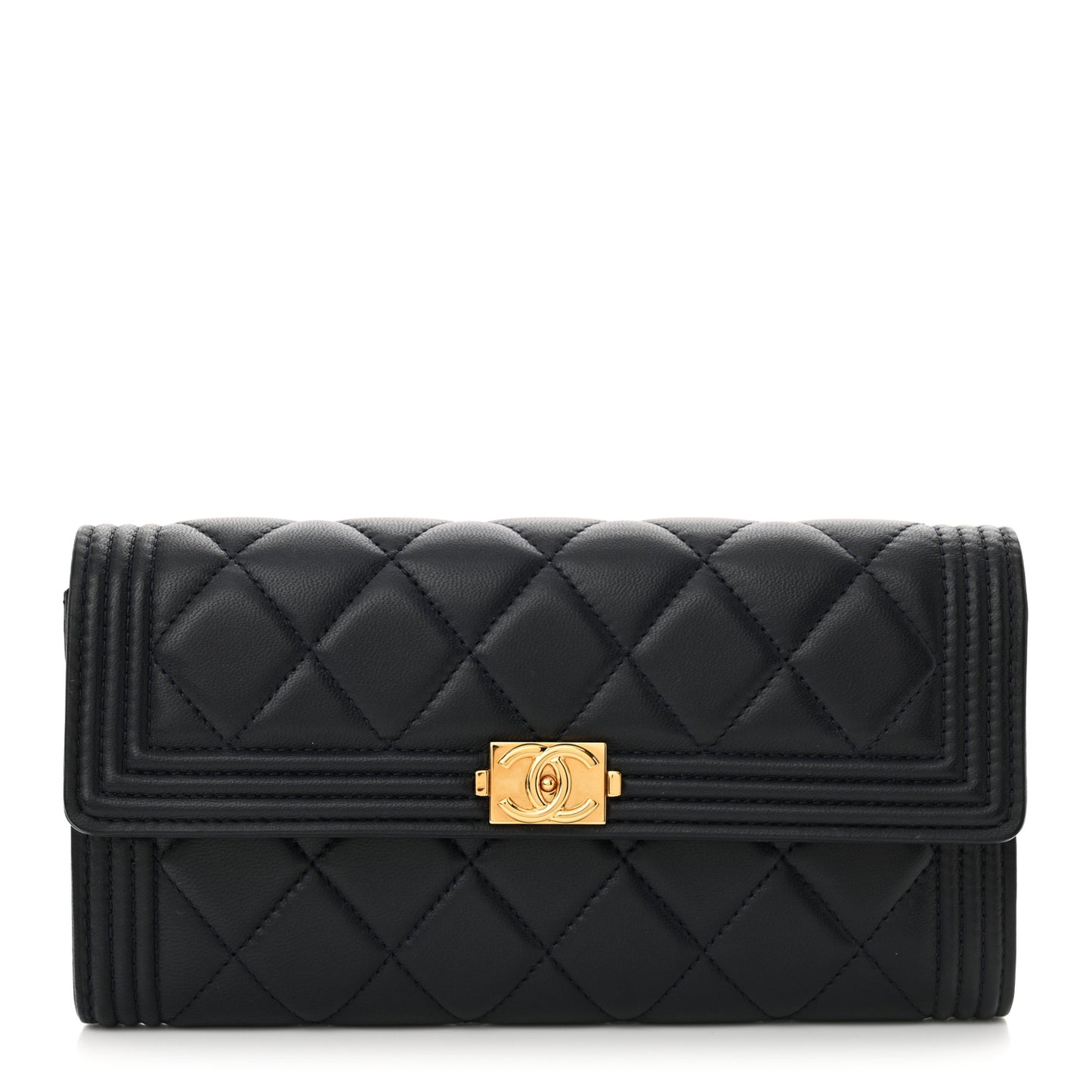 Lambskin Quilted Large Boy Gusset Flap Wallet Navy