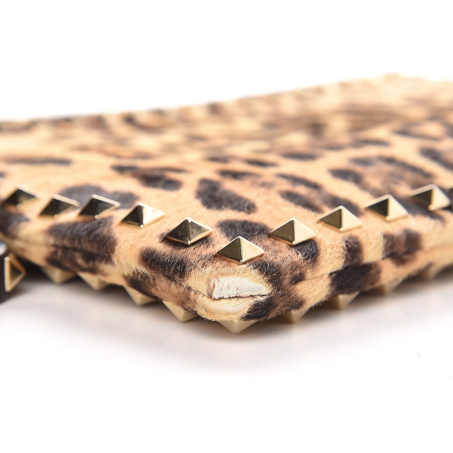 Calf Hair Leopard Print Rockstud Zip Wristlet Pouch Leopard