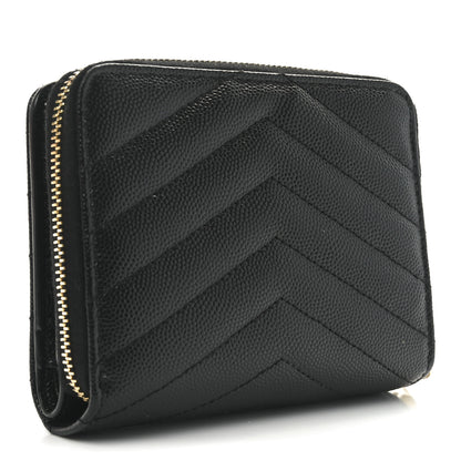 Saint Laurent Grain De Poudre Matelasse Chevron Monogram Compact Zip Around Wallet Black 3 of 8