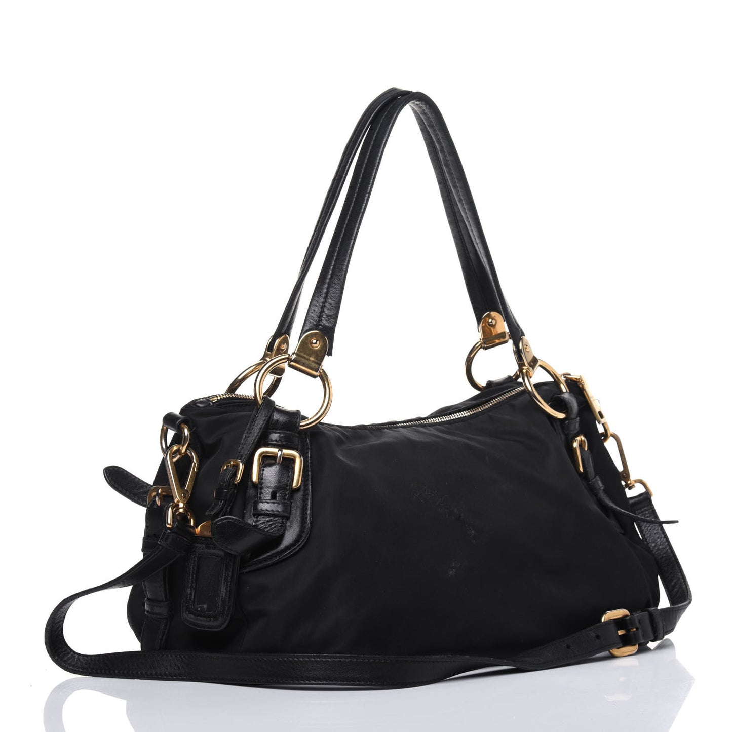 Nylon Tessuto Soft Calfskin Small Shopping Satchel Black