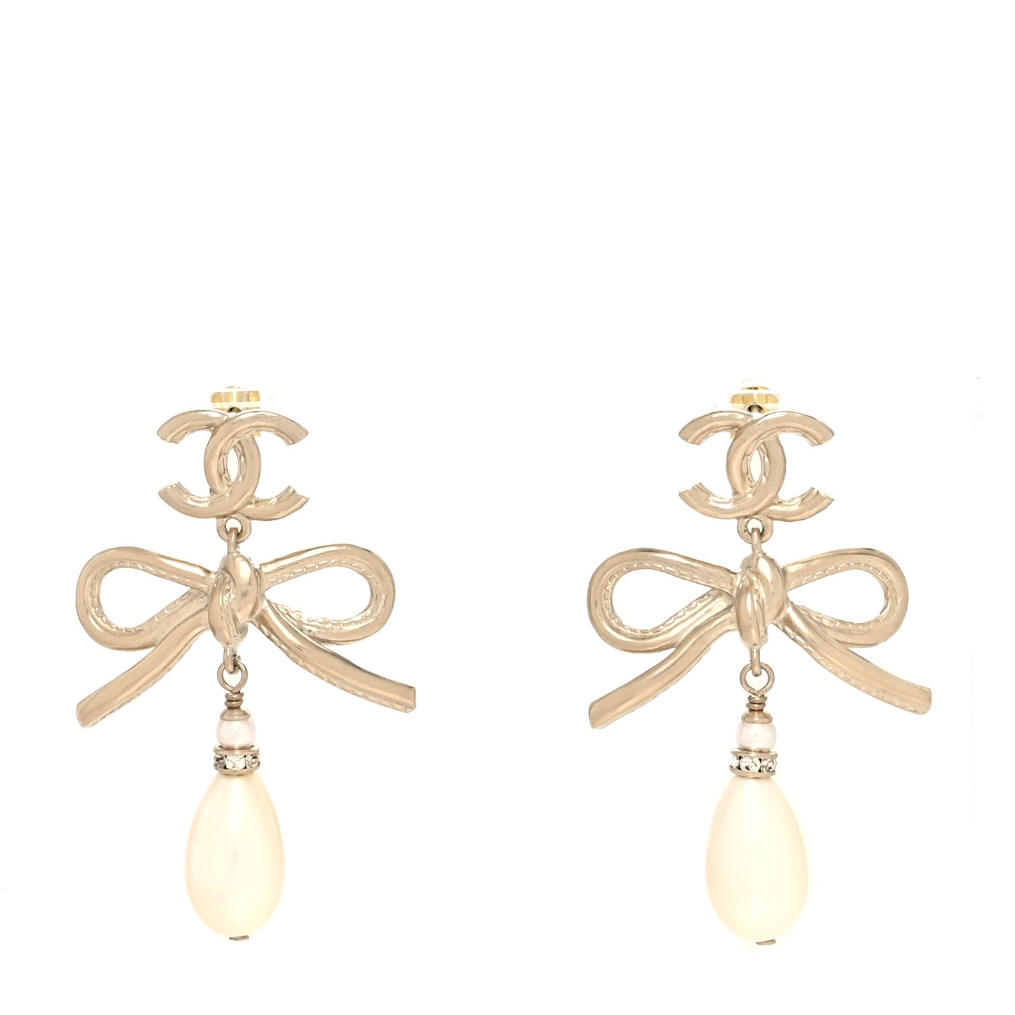 Pearl Bow CC Drop Earrings Gold